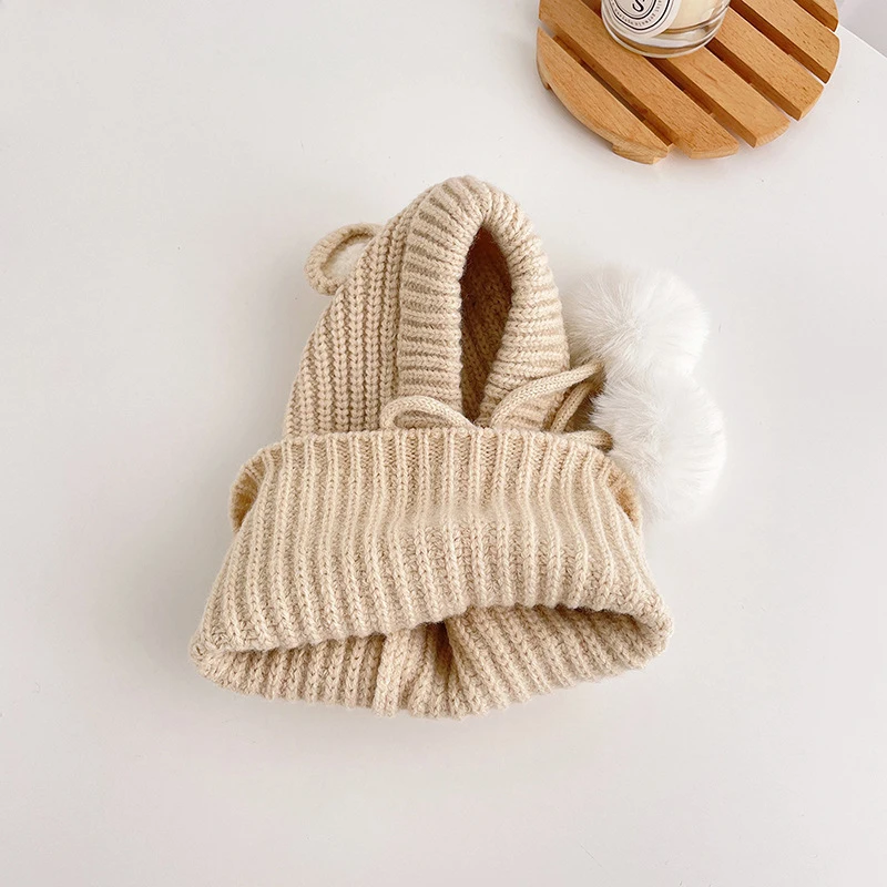 Baby Kid Knit Hooded Scarf Girl Boy Pom Pom Drawstring Hat Scarves Winter Child Outside Warm Accessories Wear 1-5T