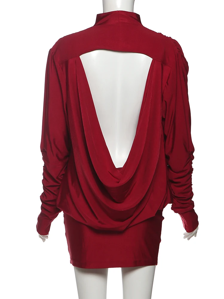 Nibber Backless Dress Women Full Sleeve Turtleneck Folds Solid Skinny Birthday Party Autumn Trend Elegant Chic Mini Bodycon