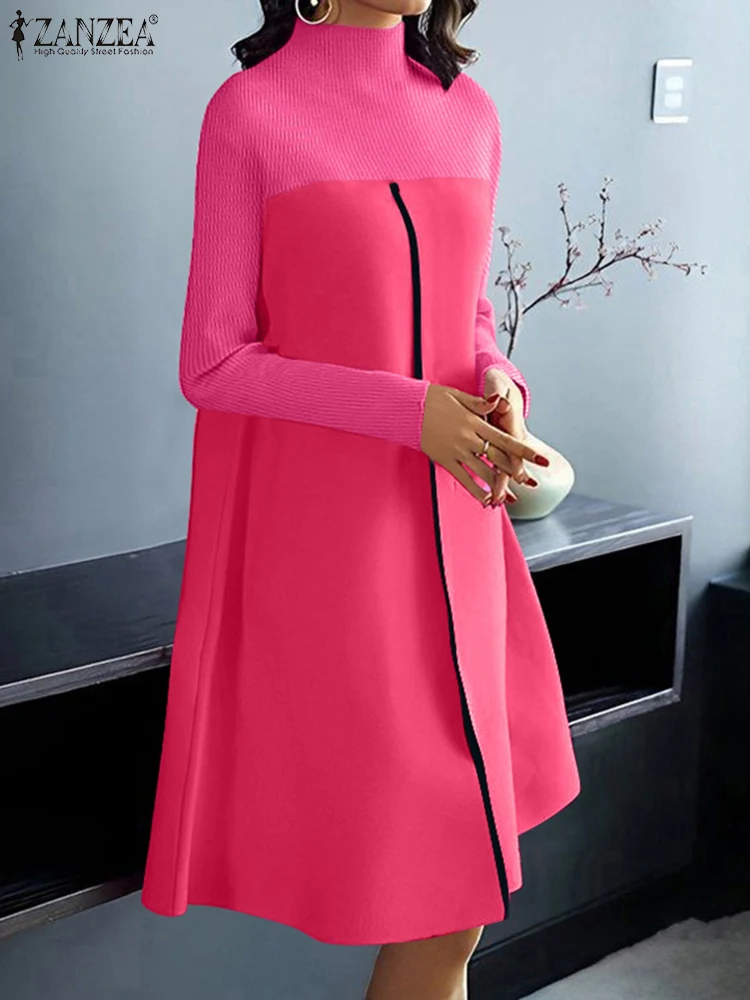 

ZANZEA Vintage Knitted Stand Collar Dresses Fashion Stitching Colorblock Line Robes Long Sleeve Dress Women Knee-length Vestidos