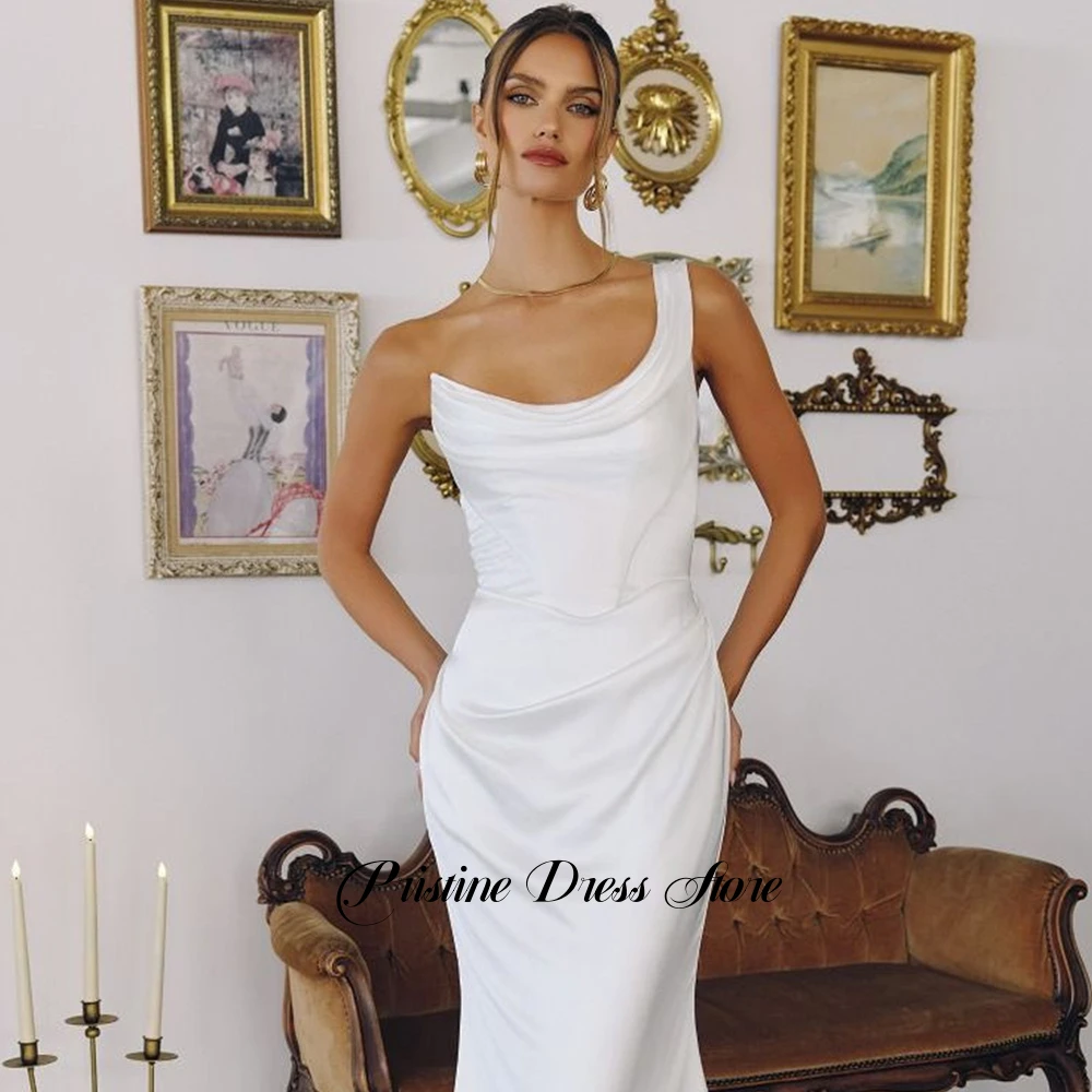 Fashion White Satin Mermaid Wedding Dresses for Women Sexy Backless Scoop Court Train One Shoulder Bridal Gowns Customized - 3