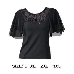 Women Ballroom Dance Tops Modern Bell Sleeves Blouses for Waltz Rumba Black