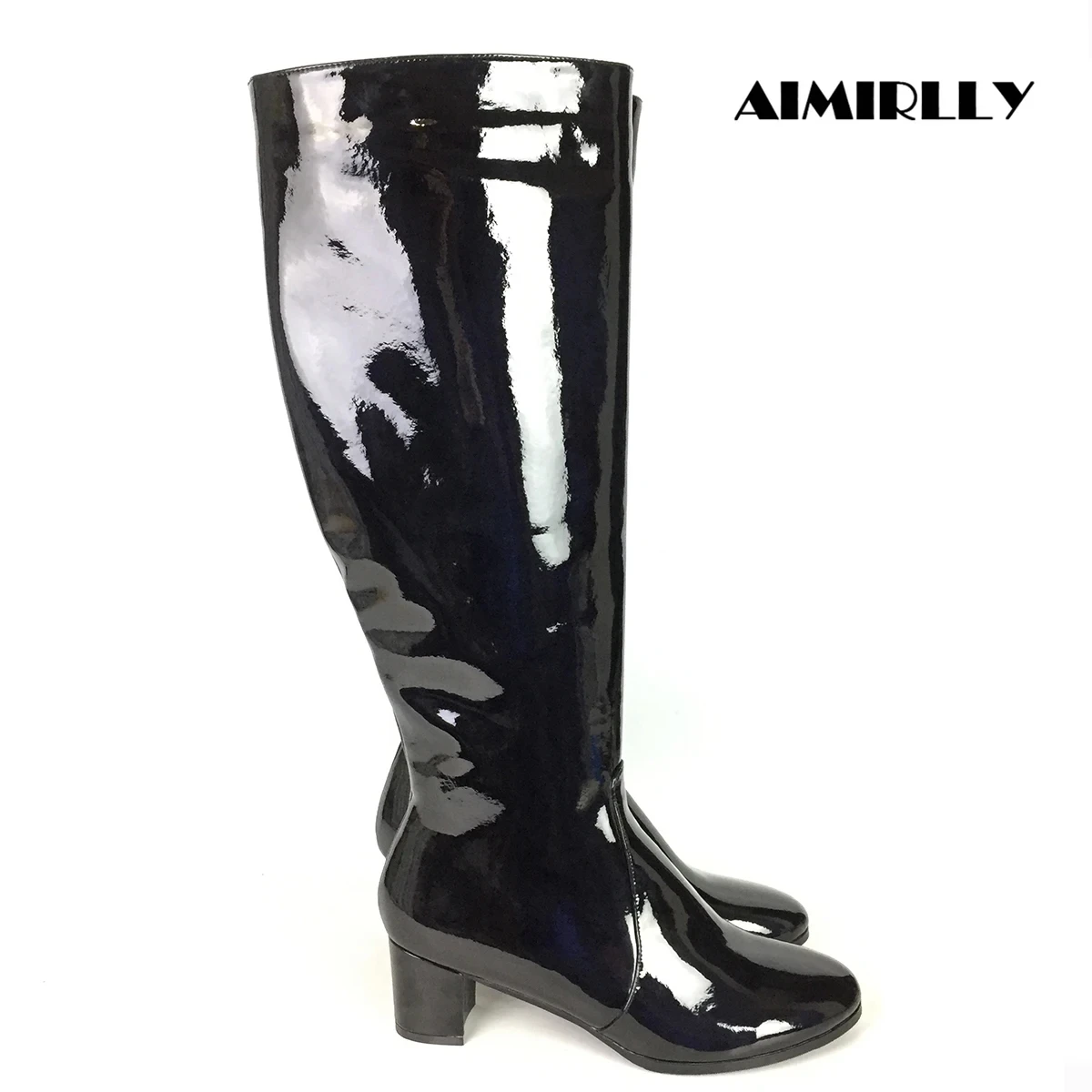 

Women's Knee Boots Mid High Round Toe Shoes in Black Patent Leather Winter Autumn Outdoor Footwear Full Zipper Style Aimirlly