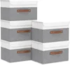 Storage Boxes with Lids, Linen Fabric Bin, Cube Organizer Basket, Washable and Leather Handle, for Home, Closet, White 1