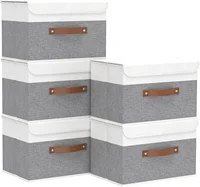 Storage Boxes with Lids, Linen Fabric Bin, Cube Organizer Basket, Washable and Leather Handle, for Home, Closet, White 1