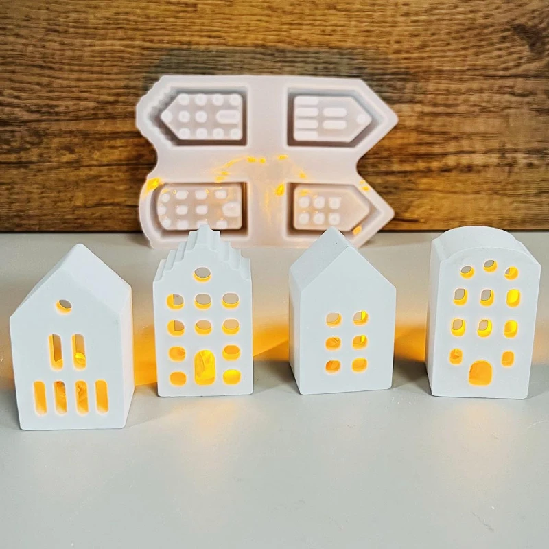 Silicone Mold 4PCS Mini White House Pendant Aromatherapy Gypsum Christmas House Candle Holder Ornament