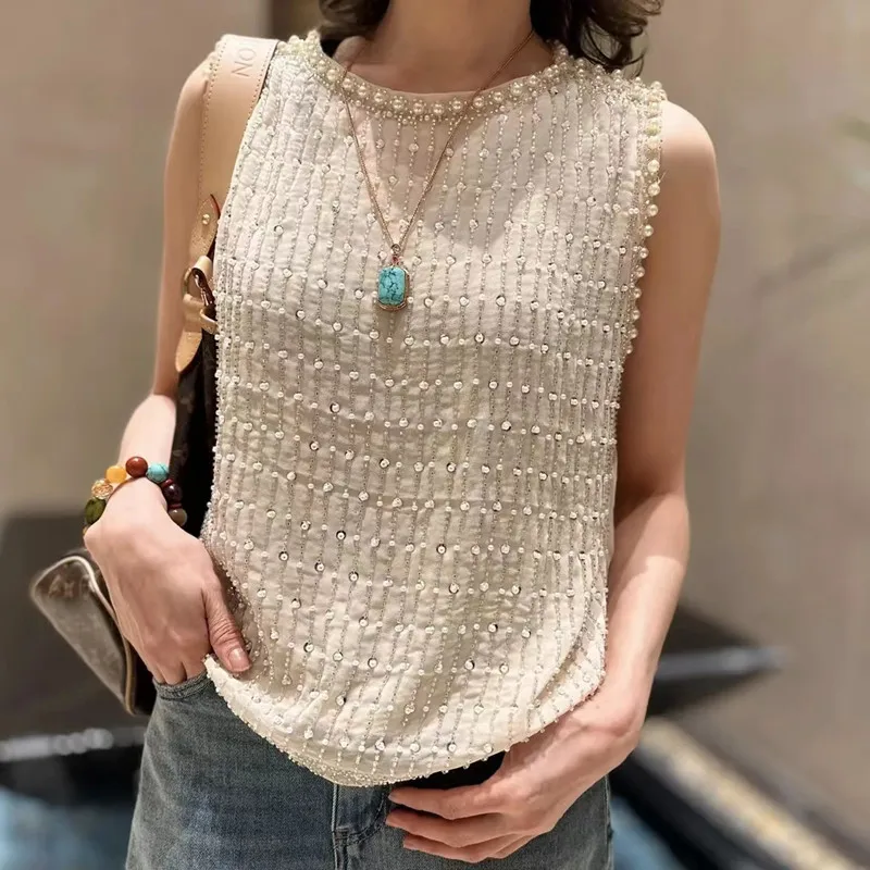Pearl Beaded Sleeveless Top | Sleeveless Beaded Tshirt