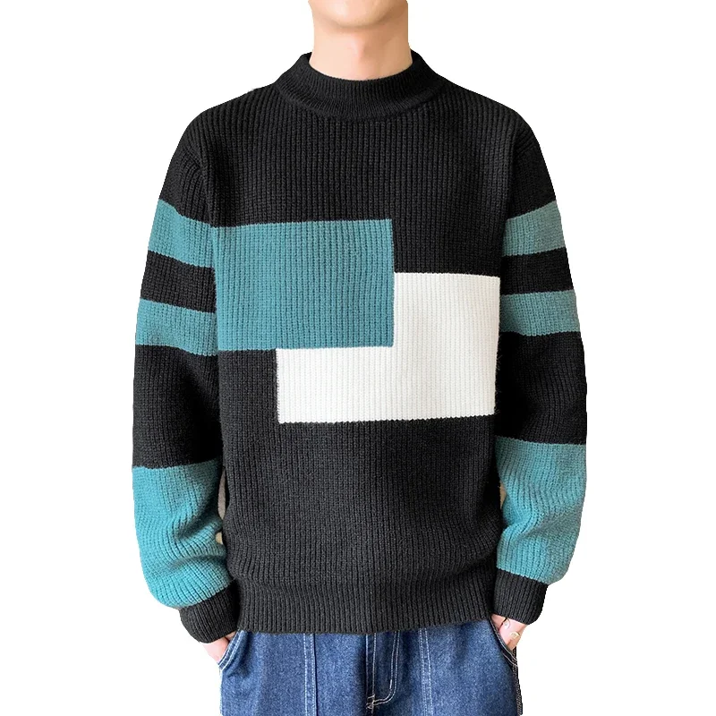 Autumn Mens Block Color Sweater Matching Winter Knitted Sweater Men High-quality Pullover Loose Warm Thick Streetwear Pullovers 4