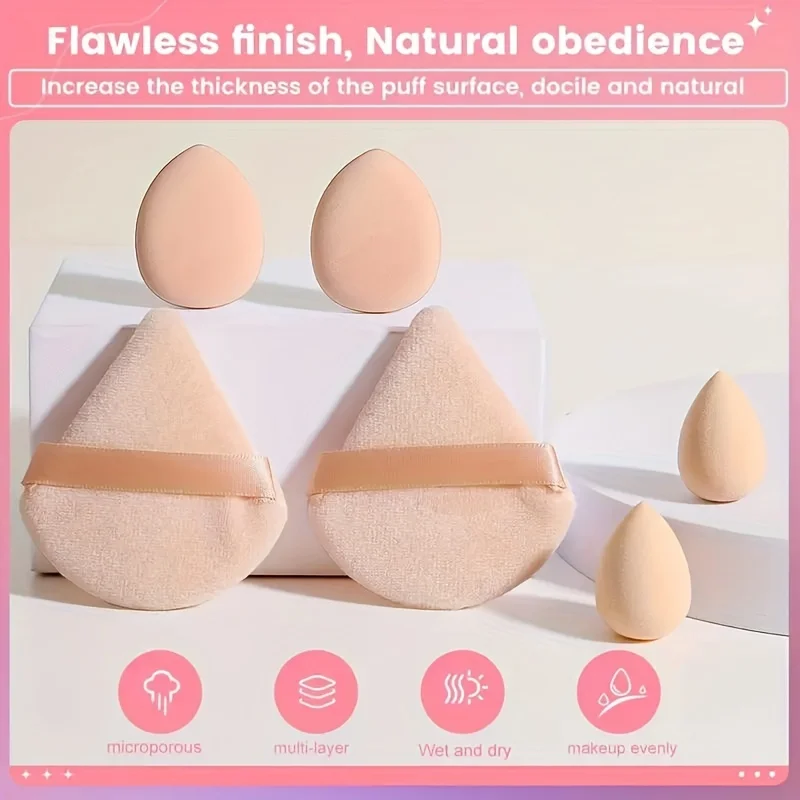 6Pcs Velour Makeup Sponge Set - 2 Mini Eggs + 2 Fan + 2 Finger Puffs, Hydrophilic Latex-Free for All Skin Types