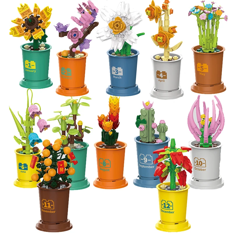 

12Pcs City Creative Sunflower Narcissus Chrysanthemum Home Office Decoration Building Blocks Bricks Christmas Toys