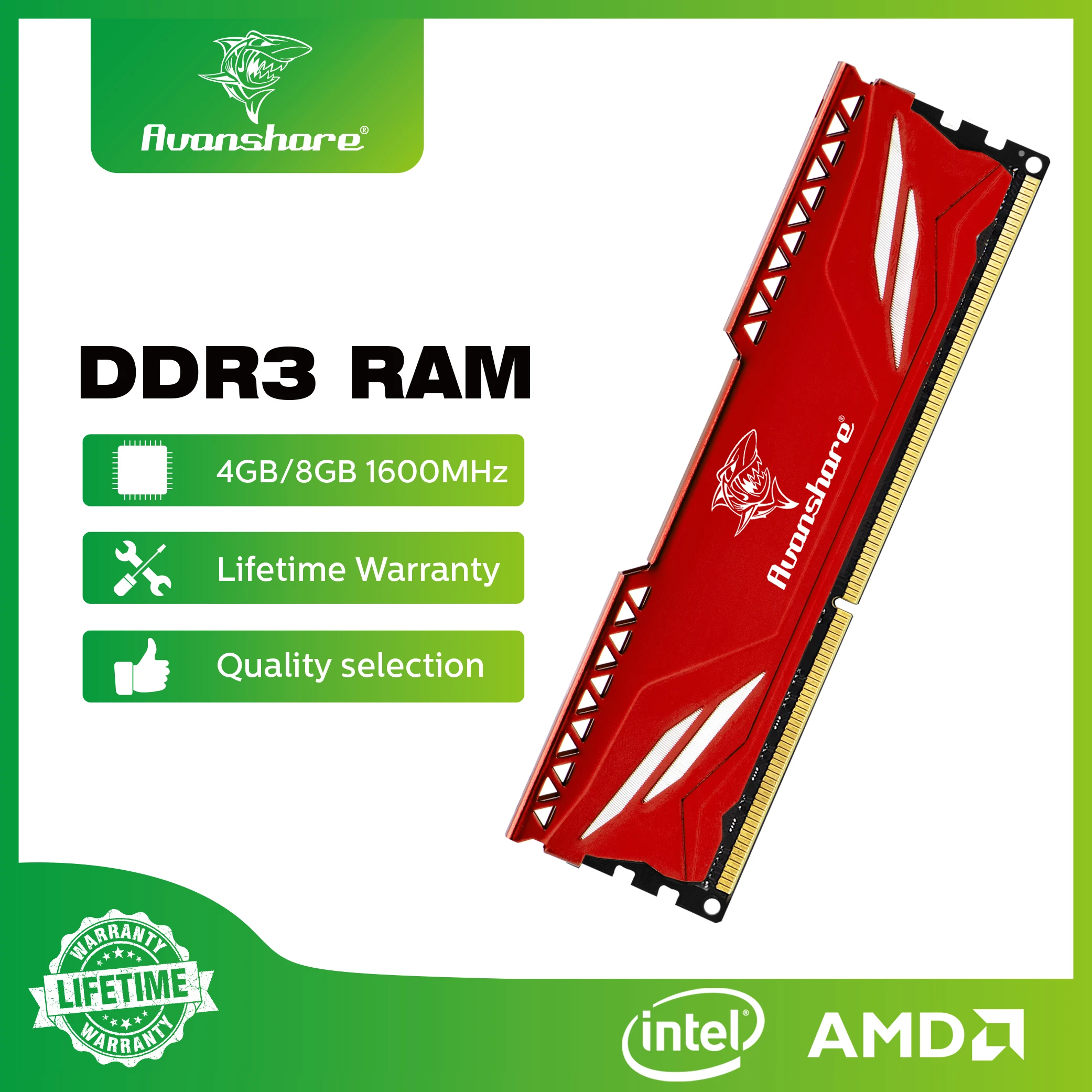 Avanshare Ram Memoria DDR3 8 GB 4 GB 1600 MHz 1333 MHz Desktop-Speicher Neues RAMS-Unterstützung Intel AMD Motherboard mit Kühlkörper