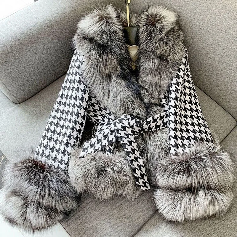 2023 Autumn And Winter New Houndstooth Large Collar Imitation Short Coat Women's Temperament Delt Fox Fur Coat Womentide