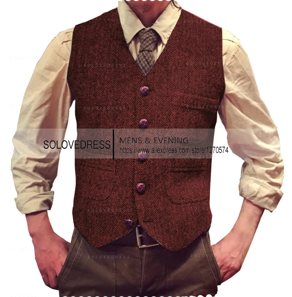 V Neck Men's Suits Vest  Herringbone Tweed  Formal Business Waistcoat Vest For Men For Wedding 4