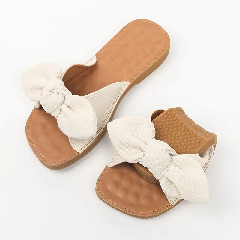Women's Slippers For Summer Wear, 2023 New Soft Sole Bow Tie, One Line Flip Flop, Flat Sole Sandal, Large Size Shoes 35-43