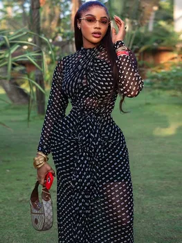 Spring Female Clothes Long Sleeve Maxi Dress for Woman Boho Black and White Dresses Elegant Mid-turtleneck Waist Slimming Dress 1