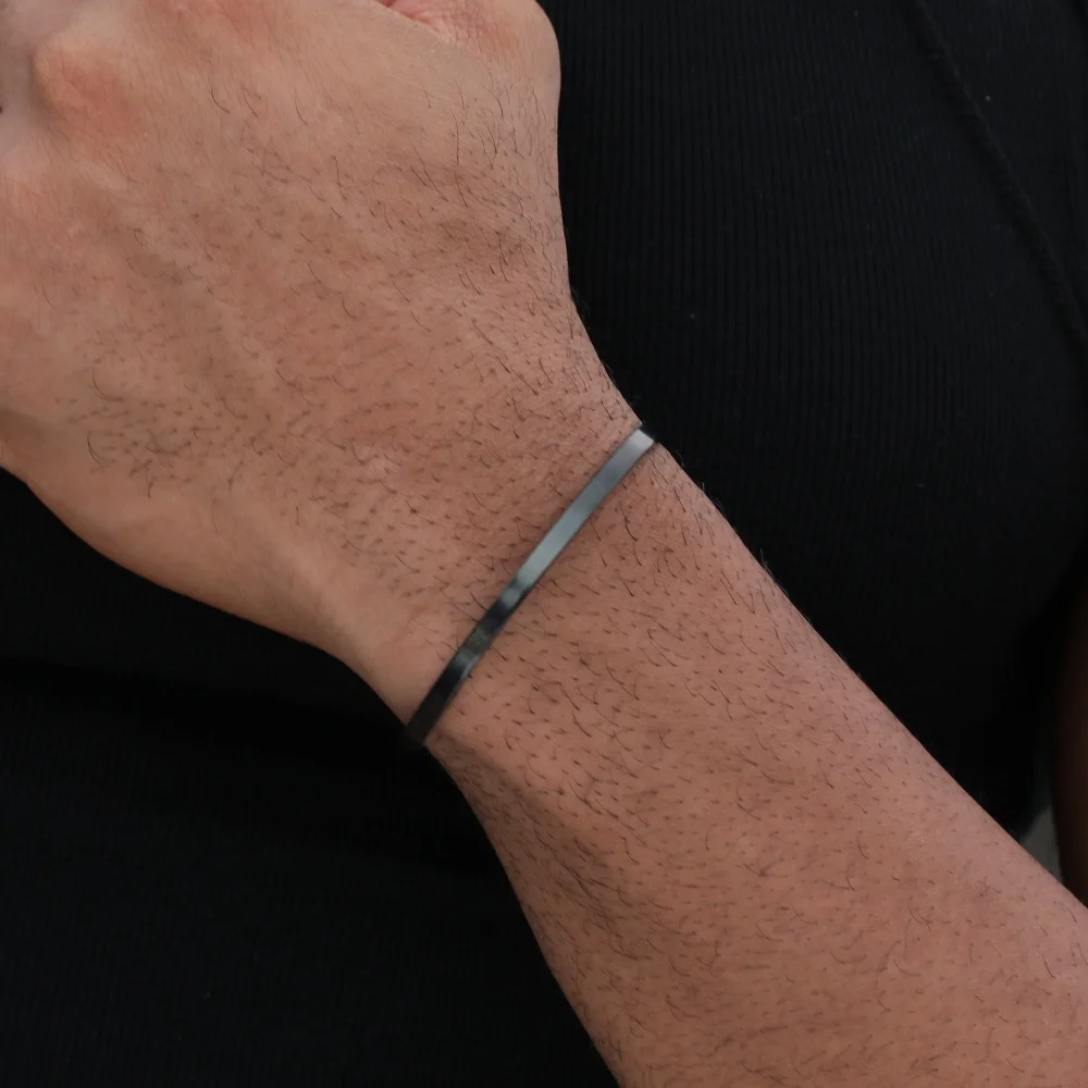 Sleek Black Stainless Steel Men's Open Bangle Bracelet