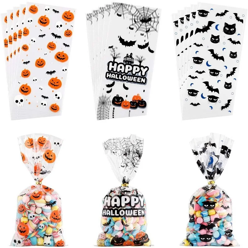 

50pcs Halloween Party Candy Bags Pumpkin Ghost Bat Pattern Cookie Snack Bags Halloween Trick Or Treat Biscuits Bag Kids Favors