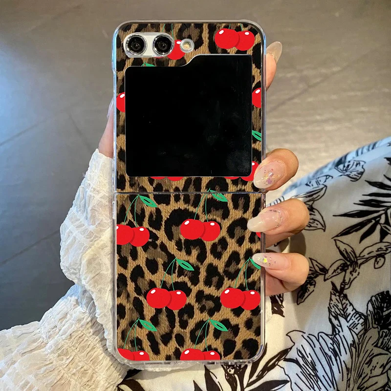 Leopard Print Phone Case with Red Cherry Bow Accents - Stylish Folding Hard Clear Cover