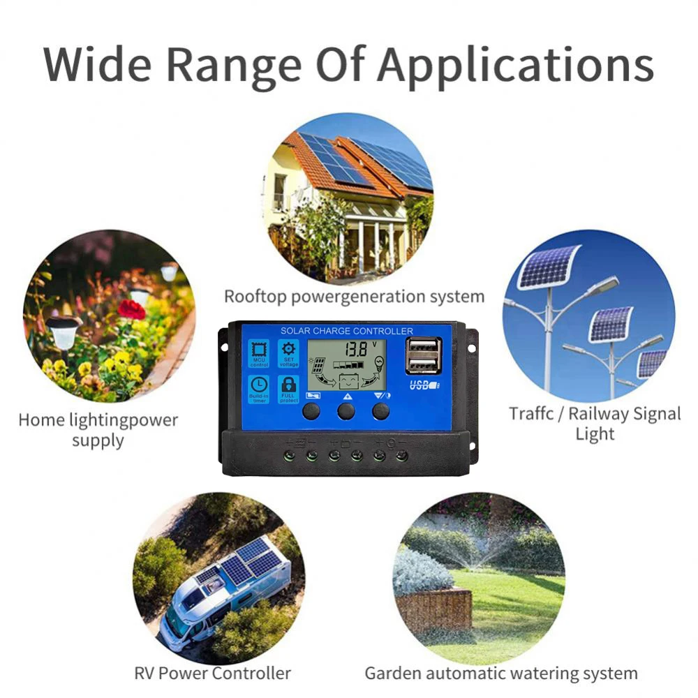 Controlador de Panel Solar para PV Home, regulador de carga de batería automático, PWM, LCD, USB Dual, 10A20A30A, 12V24V