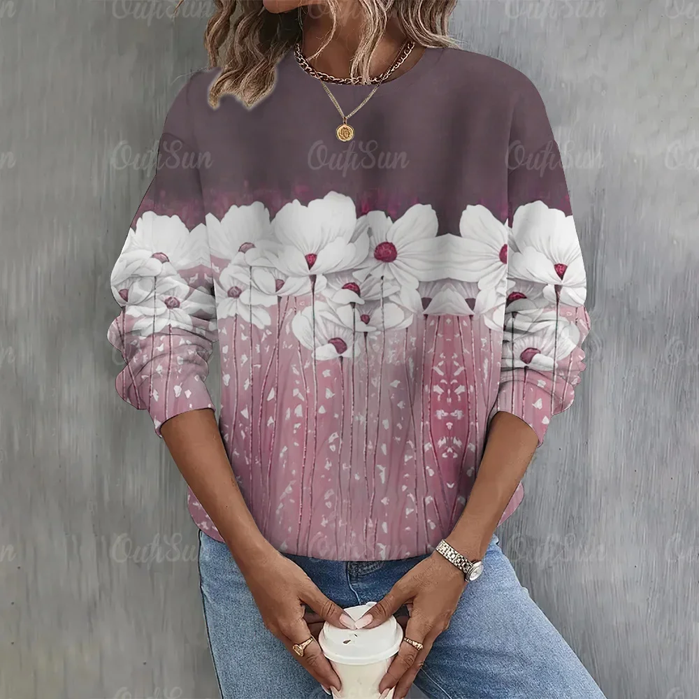 

Flower Painting Hoodies for Woman Long Sleeve Shirts Casual Clothes 3D Print Round Neck Autumn Winter Pullover Daily Sweatshirts