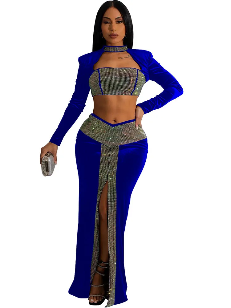 Sexy Rhinestone Two Piece Velvet Set Women Clubwear Short Tops And Long Slit Skirt High Waist