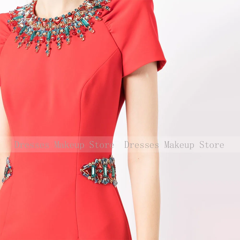 Luxury Cocktail Dresses Orange Red Crystal O Neck Column Women's Cocktail Gowns Midi Tea Length Short Sleeves Sheath Party Dress cocktail dress