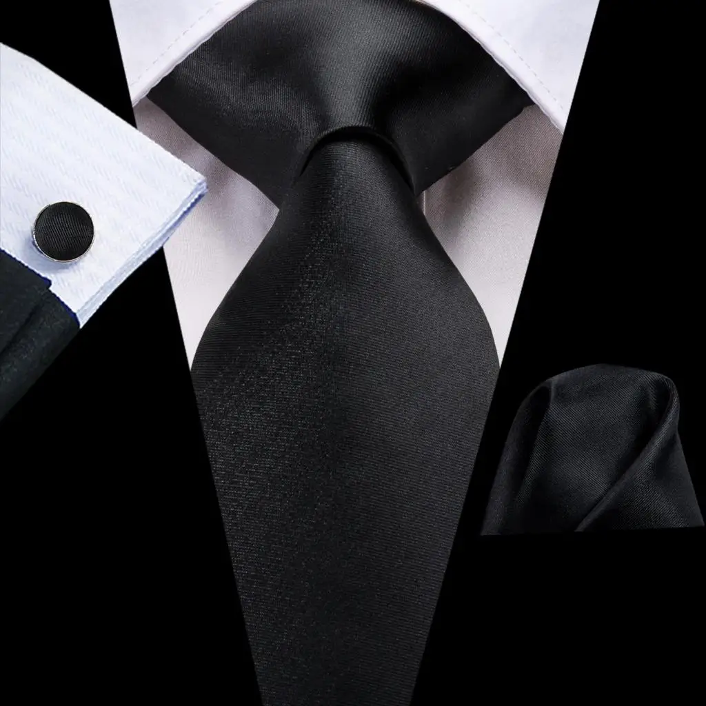 

Black Solid Silk Wedding Tie For Men Handky Cufflink Gift Mens Necktie Fashion Designer Business Party Dropshiping Hi-Tie