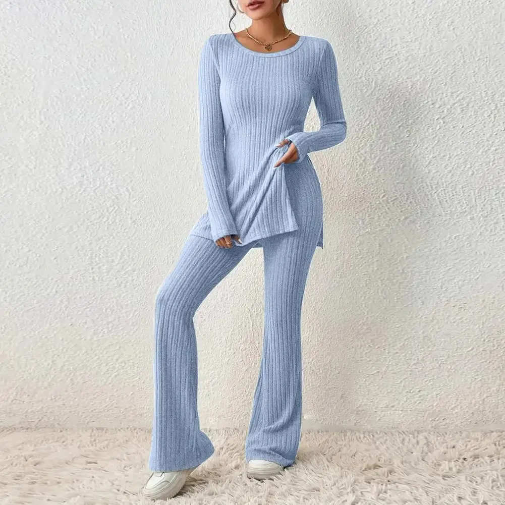 

Women Two Pieces Suit Winter Autumn Knitted Long Sleeve Ribbed Slit Top High Waist Flared Trousers Set Fashion Outfit