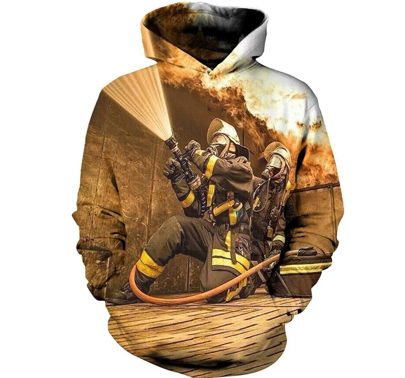 Firefighter Costume Hoodies 3D Print Men Clothing Fashion Trendy Fireman Cosplay Hooded Sweatshirts Pullovers Y2k Harajuku Tops