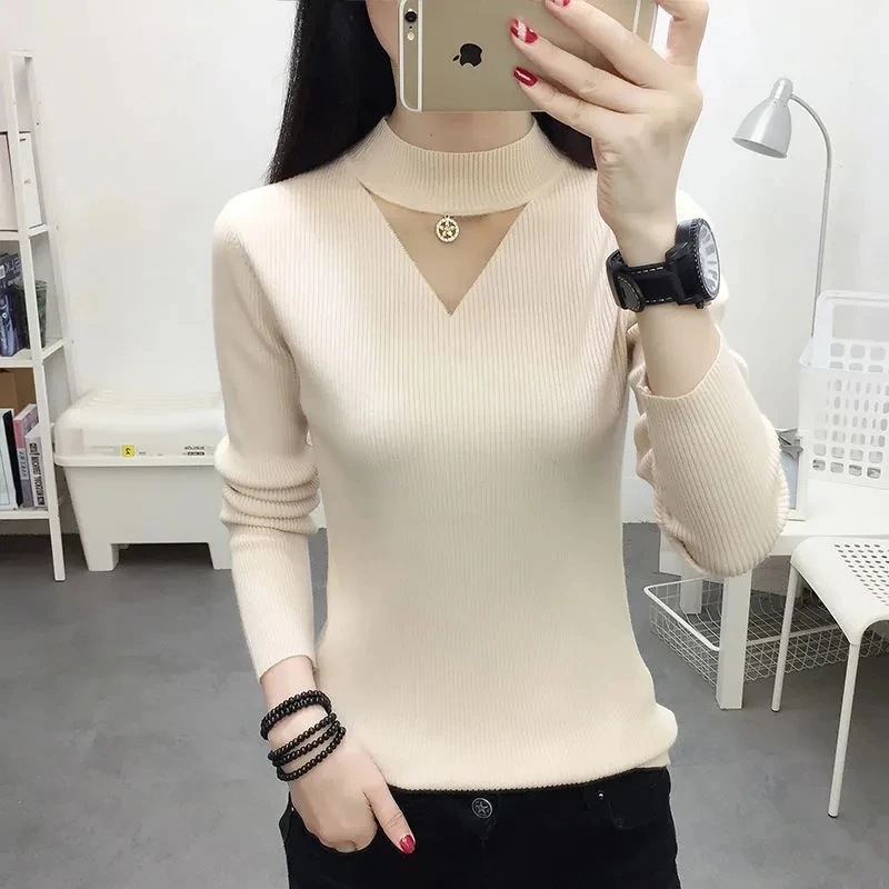 

Stylish Half High Collar Spliced All-match Knitted Sweater Women's Clothing Autumn New Loose Casual Pullovers Commute Tops