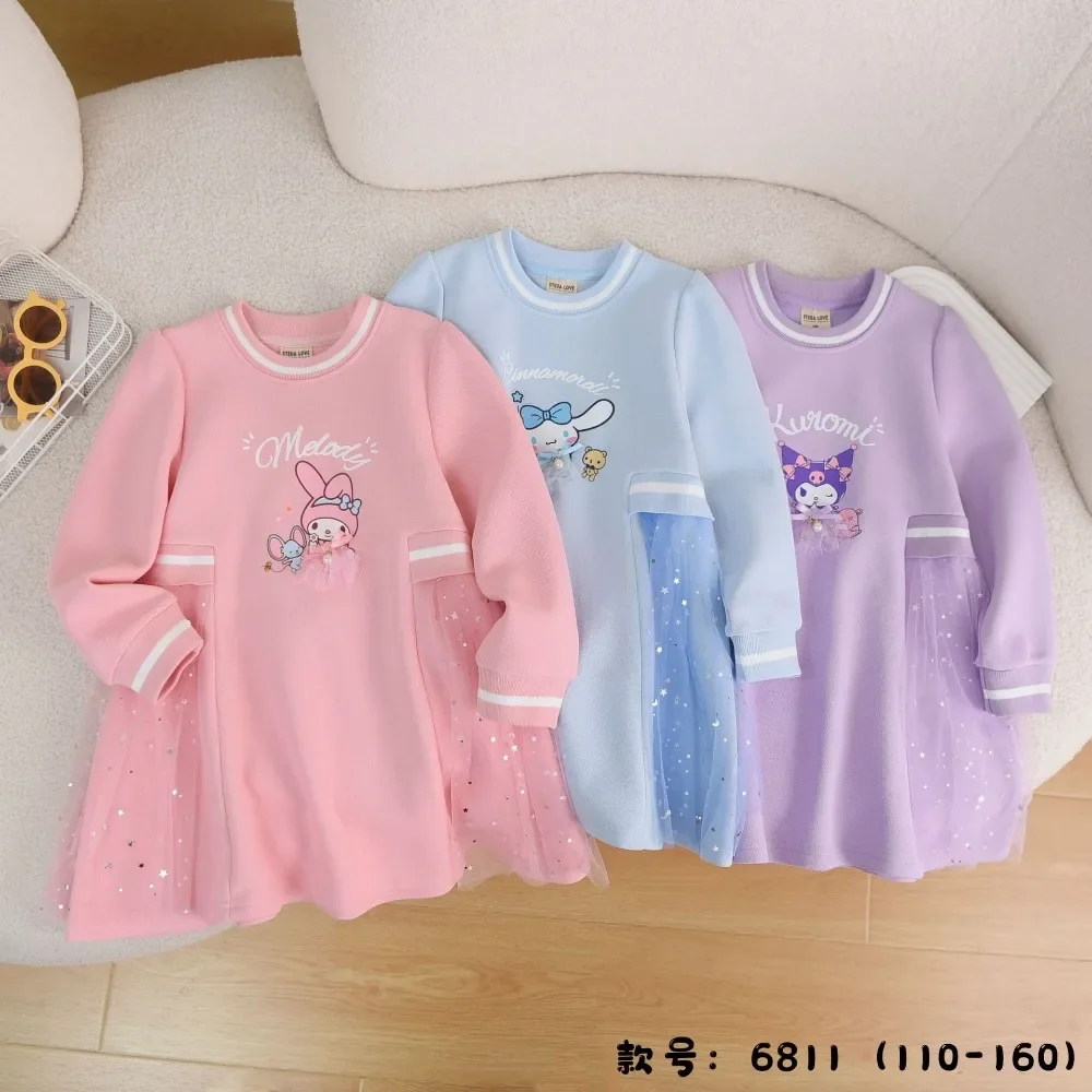 

Модная детская одежда с капюшоном Cinnamoroll Kuromi аниме Kawaii Sanrio Ins с длинным рукавом Милая футболка My Melody платье детские подарки
