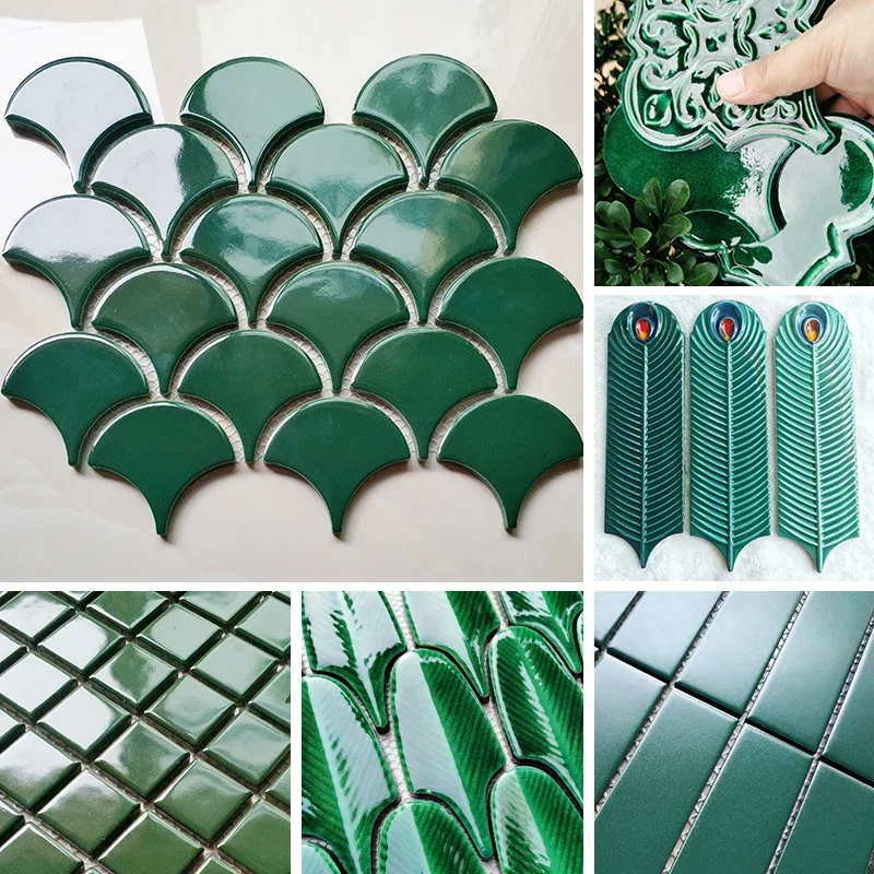 Modern minimalist dark green ceramic mosaic bathroom toilet kitchen bar ice crack tile fish bone feather brick