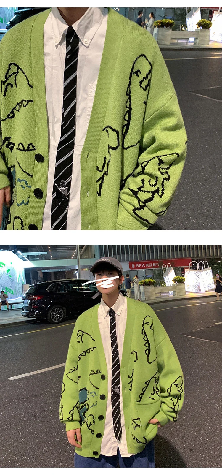 Autumn Oversize Cardigan Men Knitted Dinosaur Sweater Streetwear Loose Male Women Coat 2024 Doodle Hop Pattern Winter