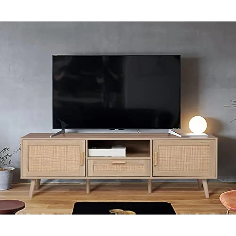 

Finnhomy 59" TV Stand for up to 65 inches TV, TV Console with 2 Hand Made Rattan Decorated Doors, Living Room Entertainment