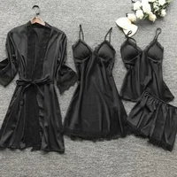 4 Pieces/Set Women's Sexy Lace Pajamas Fashion V-Neck Gown Comfort Pajamas Pajamas Pajamas with Chest Pads Nightdress - Image 2