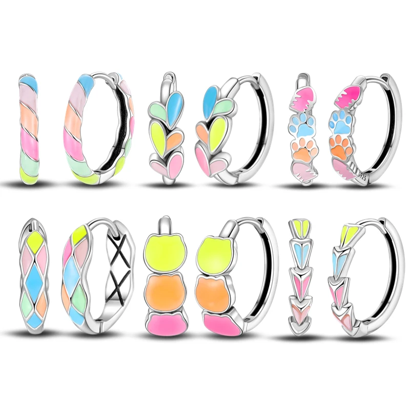 100% 925 Silver Color Glow in the dark Corlorful Hoop Stackable Pawprint Earrings For Women Trendy Jewelry Birthday Gift