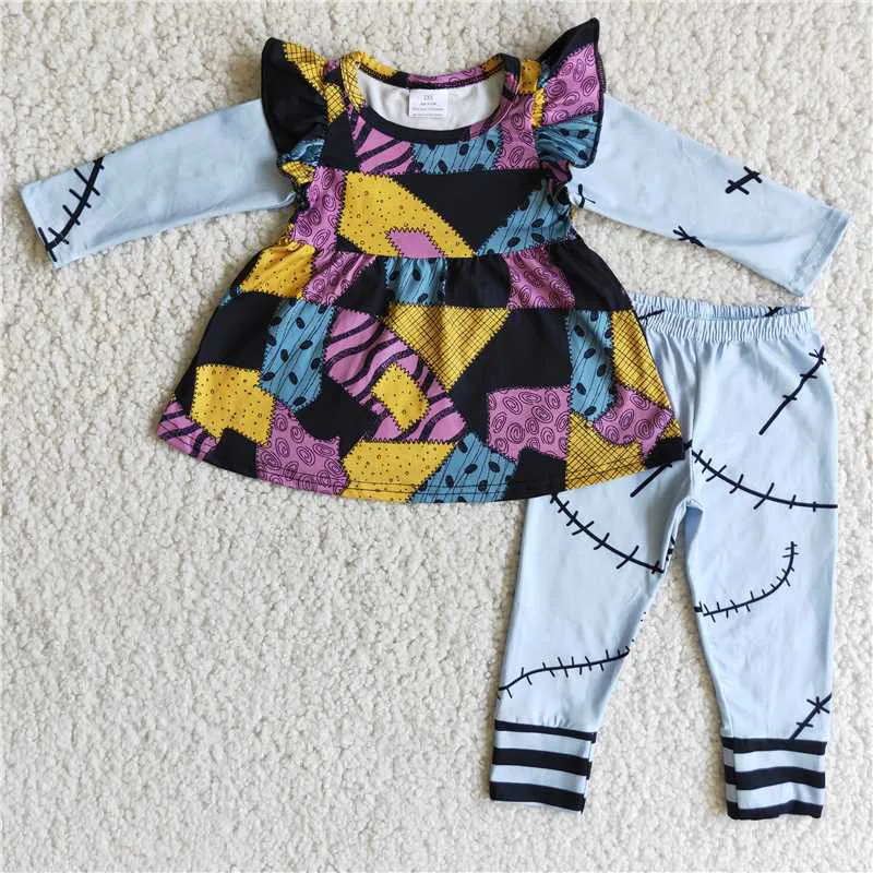 

New Spring Fashion Kids Long Sleeve Top Patch Striped Pant Set Boutique Wholesale Baby Girls Children Clothing Outfits