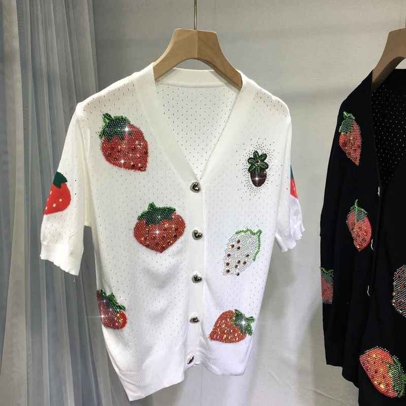 

Diamonds Cute Strawberry Hot Drilling Short Sleeve V-neck Women Tshirts Hollow Out Slimming Tops Skinny Knitting Basic T Shirts
