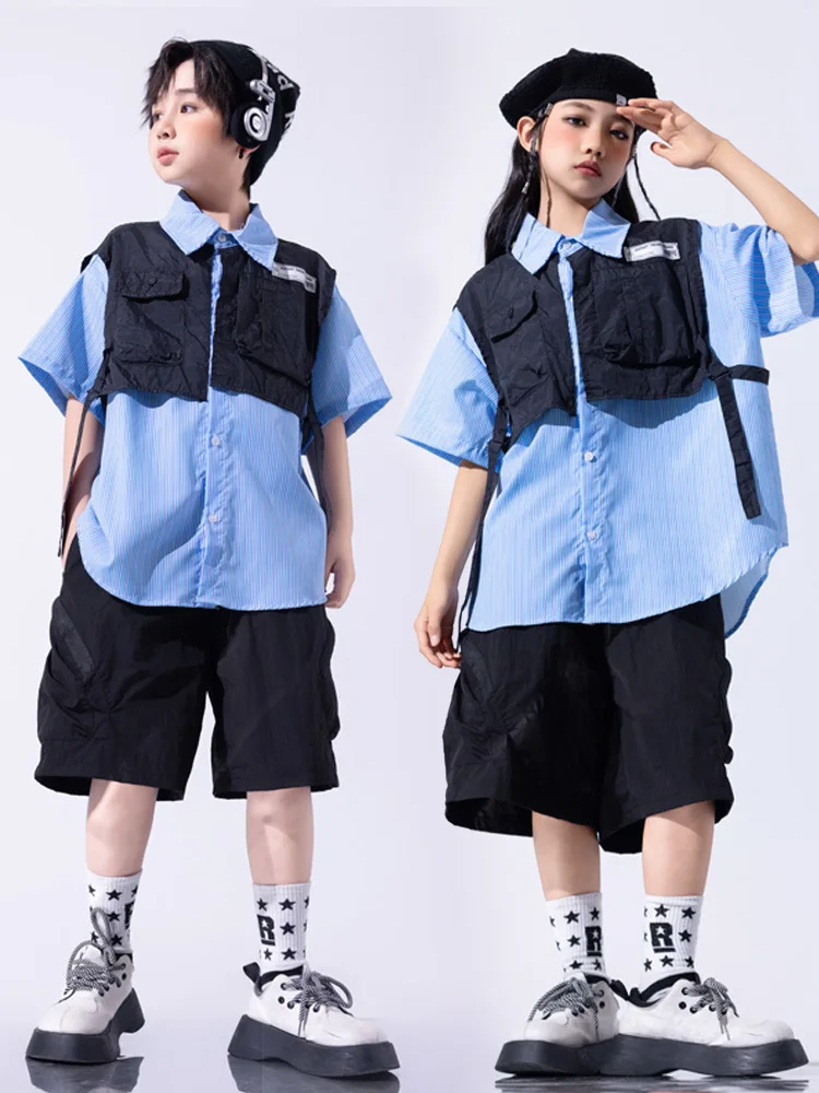 Boys Hip Hop Clothing Two-piece Top Black Short for Girls Kids Jazz Dance Costume Clothes Set