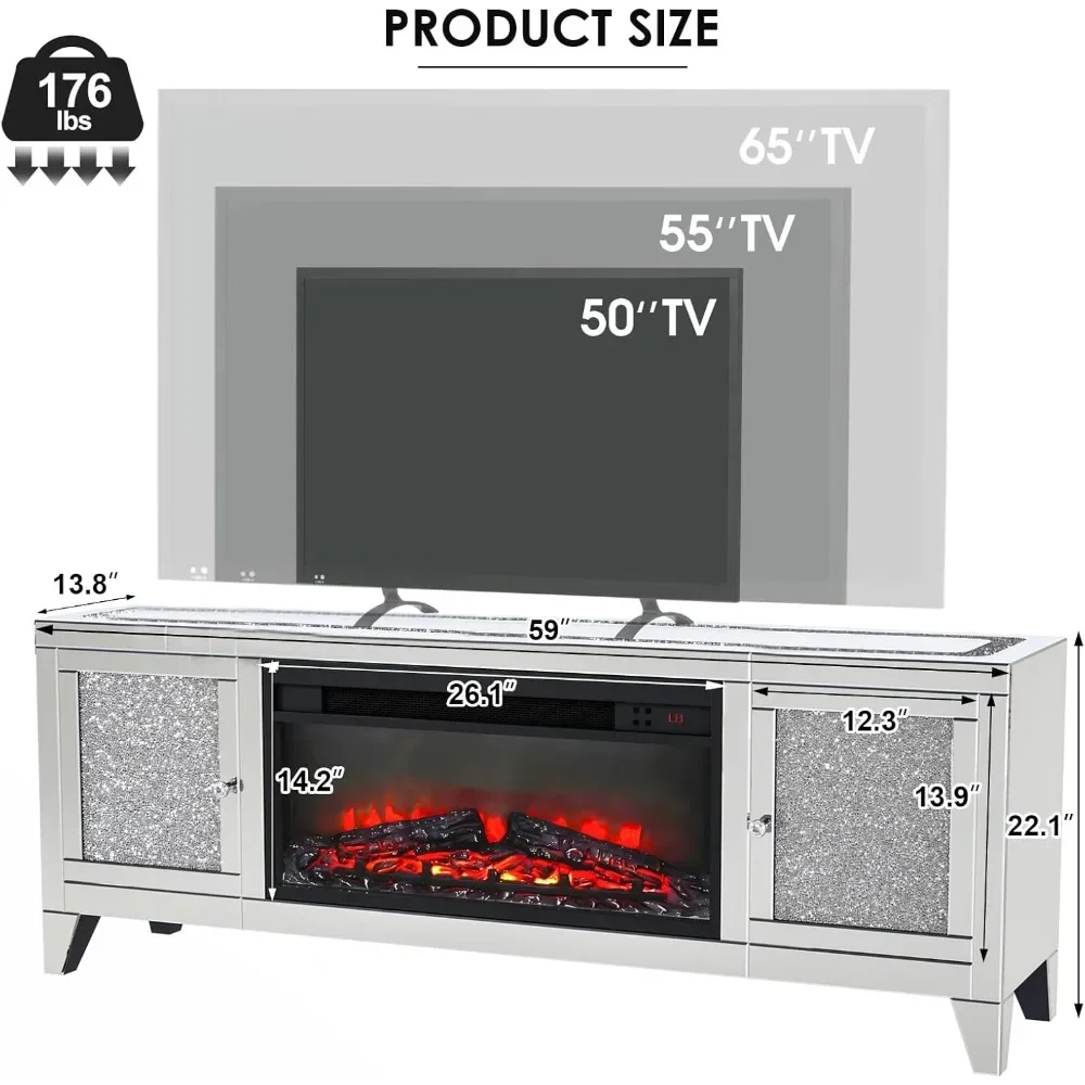 Fireplace TV Stand 59" with Storage Mirrored Silver TV Stand for 65 Inch TVs for Living Room Tall Entertainment Center TV Stands 2