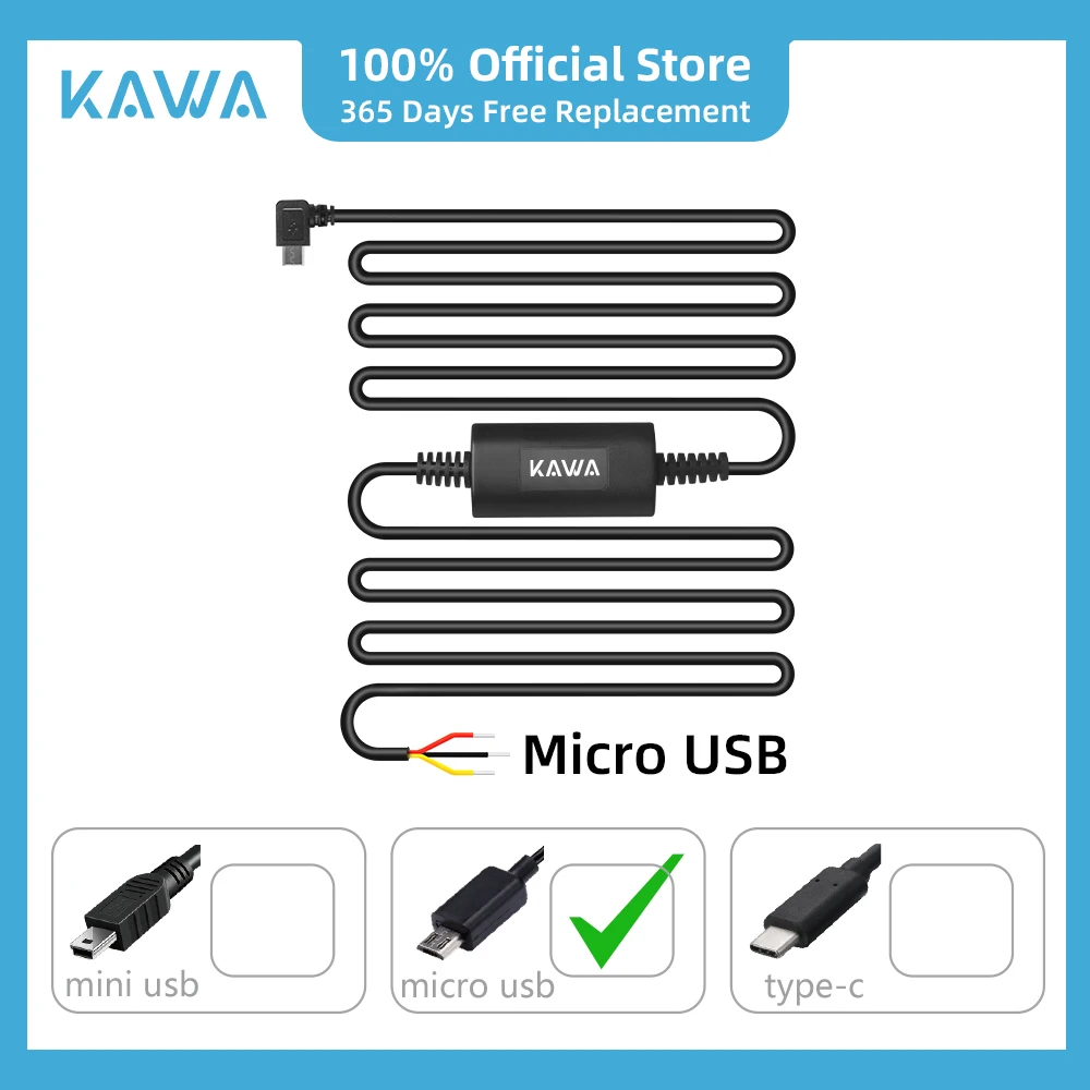 KAWA Hardwire Kit PT01 Micro Port 24H Parking Surveillance Cable Compatible with KAWA Dash Cam D5&D6 Car DVR Video Recorder