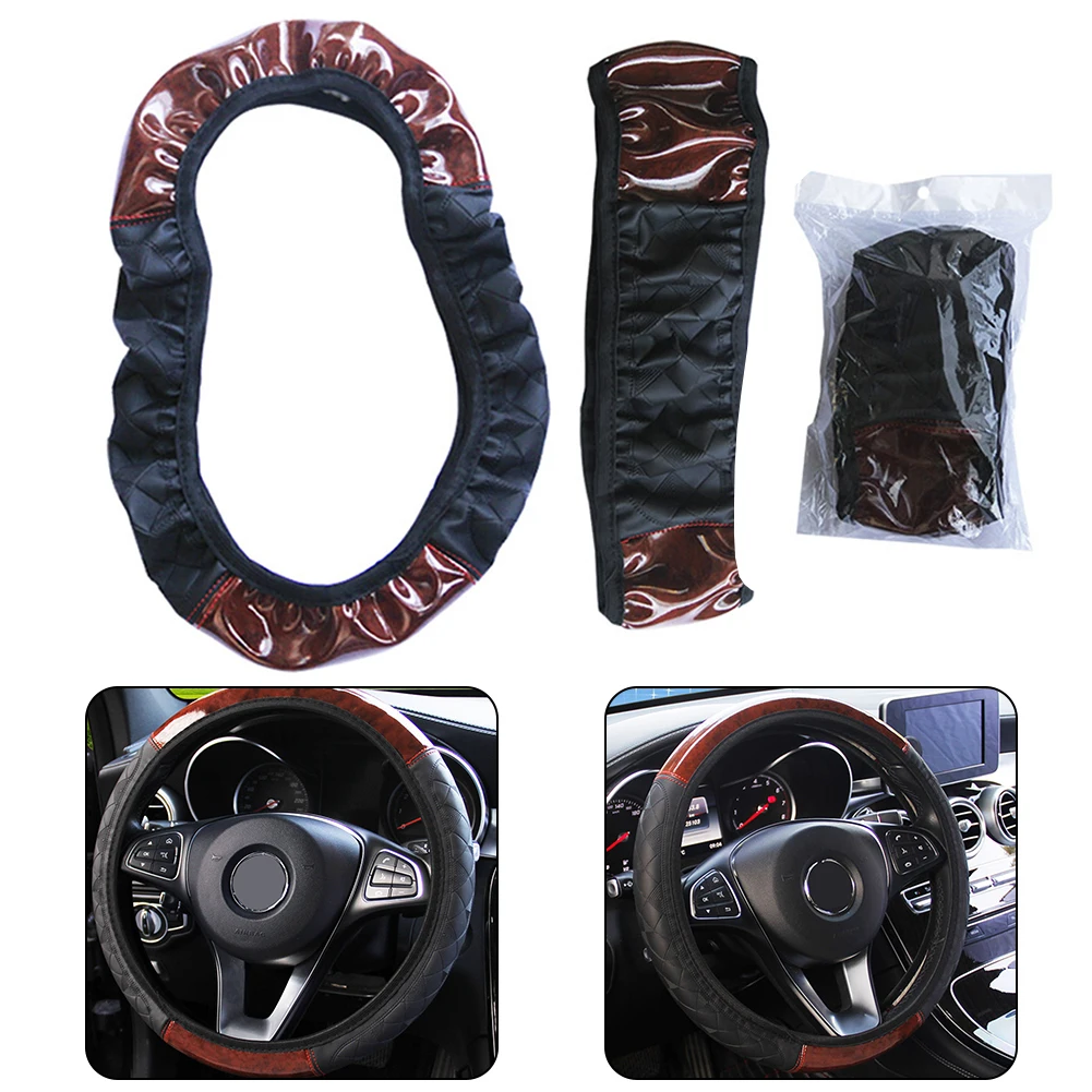 

Wood Grain Faux Leather Car Steering Wheel Cover 14.5-15.5 Inch Diameter Anti-Slip Dustproof Steering Wheel Cover Trim