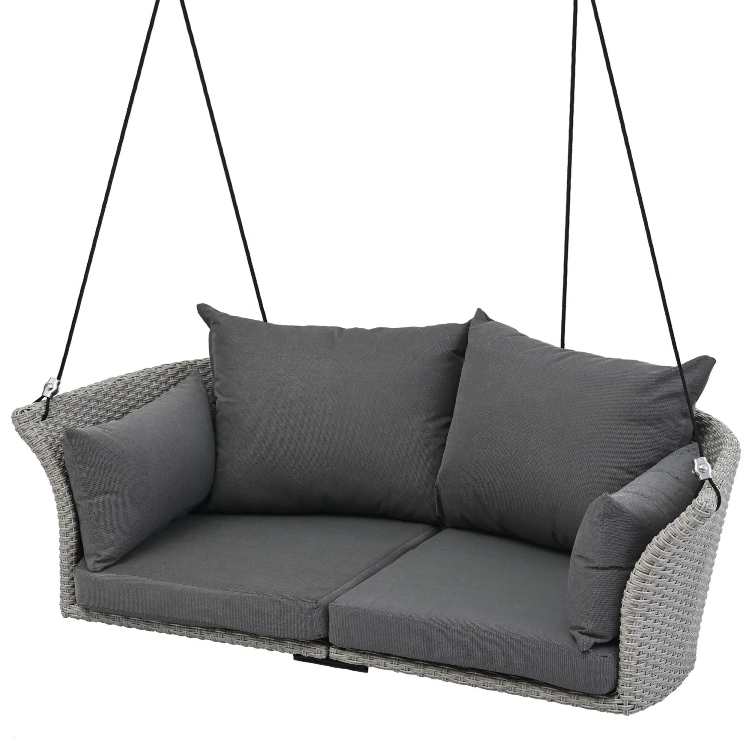 Gray Wicker Hanging Swing Chair with Cushion for 2-Person 4