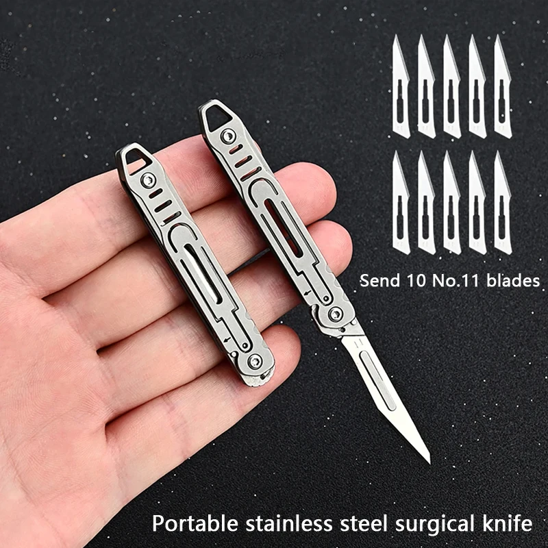 

Portable Stainless Steel Folding Surgical Knife, Medical EDC Outdoor Unboxing Pocket Knife with 10 Replaceable Blades