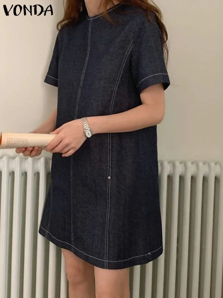 

Summer Mini Dress 2023 VONDA Elegant Women Party Sundress Casual Loose Short Sleeve Buttons Pockets Solid Color Vintage Vestidos