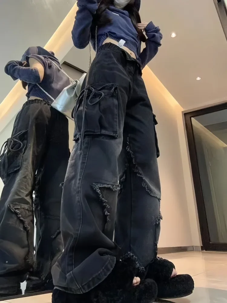 HOUZHOU Vintage Y2k Women Black Baggy Cargo Jeans with Star Gothic