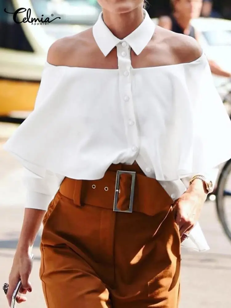 

2023 Celmia Women Off Shoulder White Tops Autumn Tunics Sexy Halter Shirt Fashion Blouse 3/4 Sleeve Casual Solid Elegant Blusas