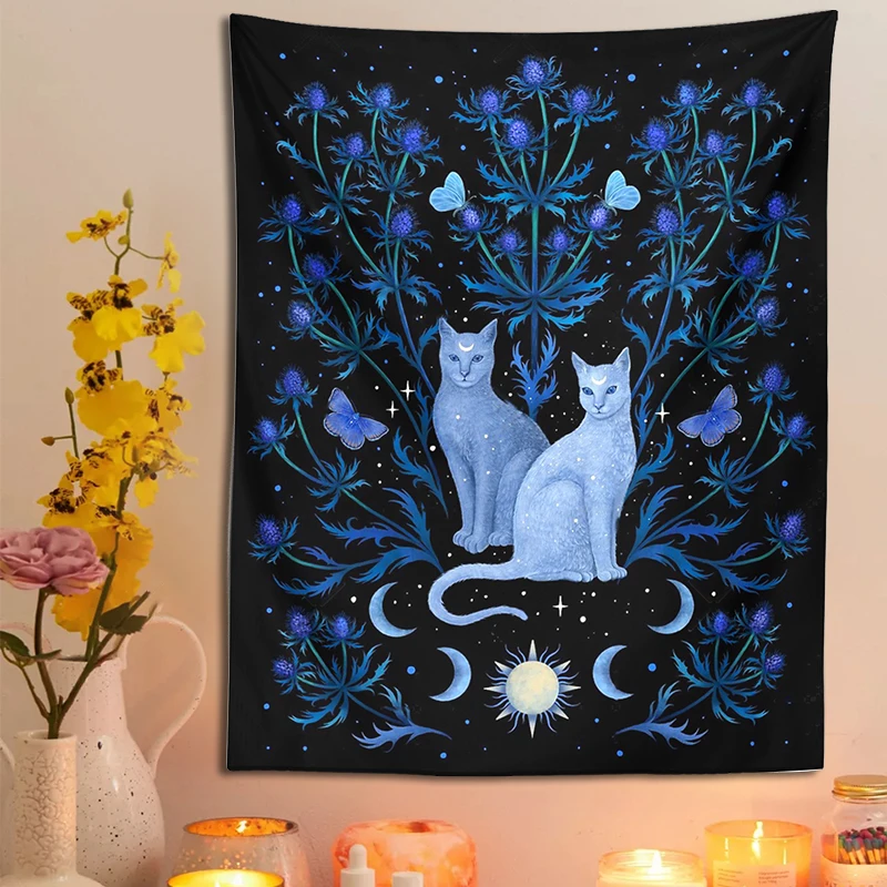 Cat Tapestry Wall Hanging Tapestry Decorations Psychedelic Moon Sun Moth Cat Leaf Flower Divination Occult Home Wall