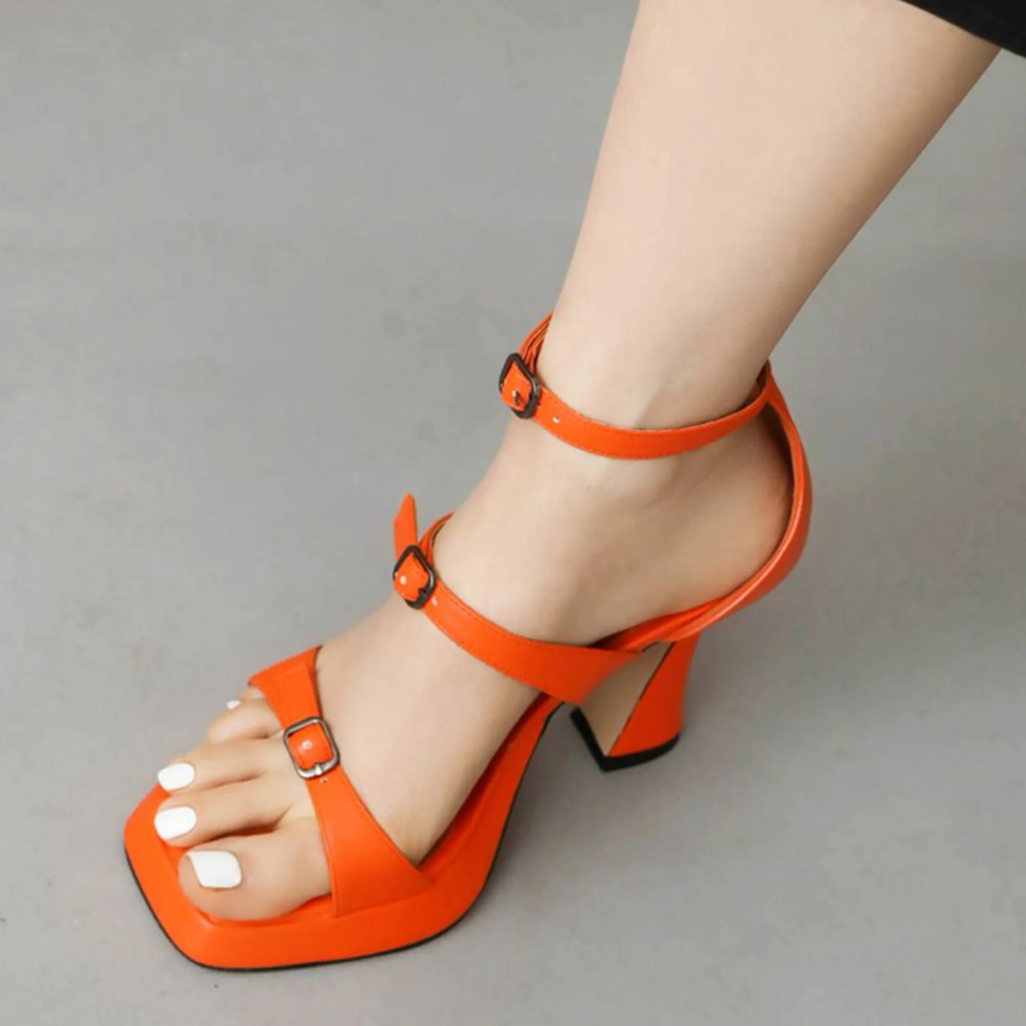 

【ENMAYER】Square Toe Layer Platform With Thin Belt Combination Hollowed Out Ultra-High Thick Heels Ankle Buckle Summer Sandals