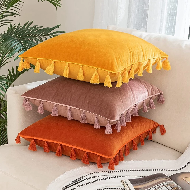 Velvet Soft Solid Decorative Throw Pillow Cover with Tassels Boho Accent Luxury Gift Cushion Case for Couch Bedroom Car Yellow 5