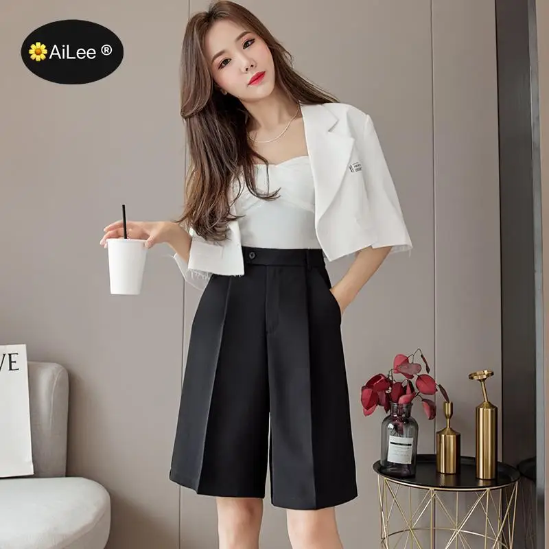 New Wide Leg Loose Bermuda Shorts Women High Waist White Black Draped Suit Shorts Free Office Lady Quality Bermuda Femme Elegant